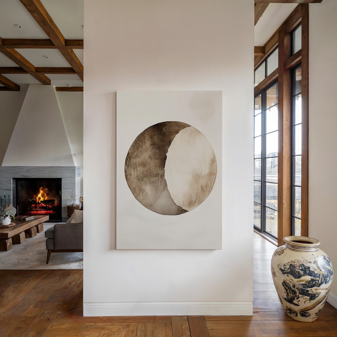 Earthy Brown Full Moon With Crescent Shadow Watercolor Wall Art - Image 4