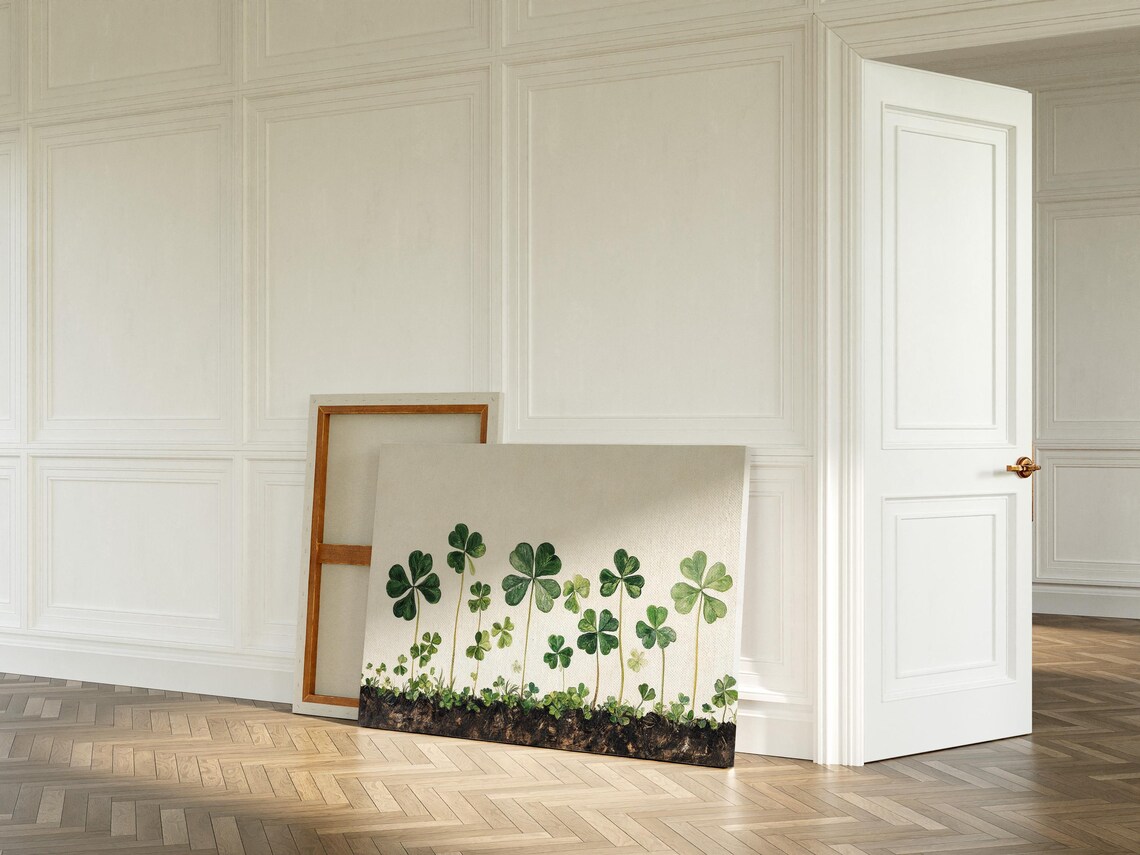 Green Clover Sprouts Rising From Dark Earth Botanical Spring Wall Art - Image 5