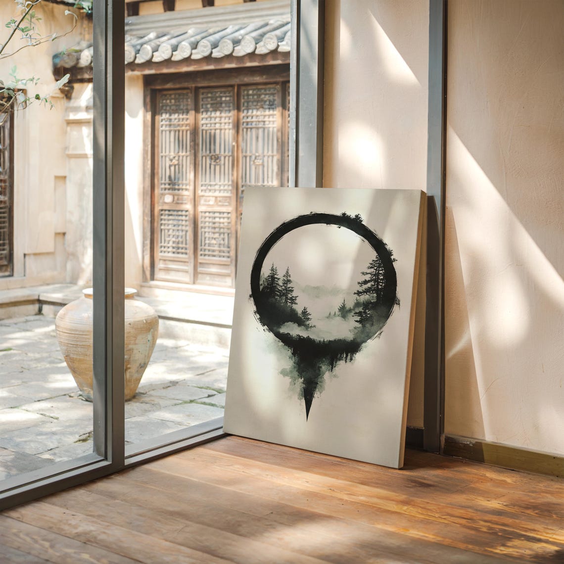 Enso Circle Misty Pine Forest Japanese Ink Wash Zen Wall Poster - Image 3