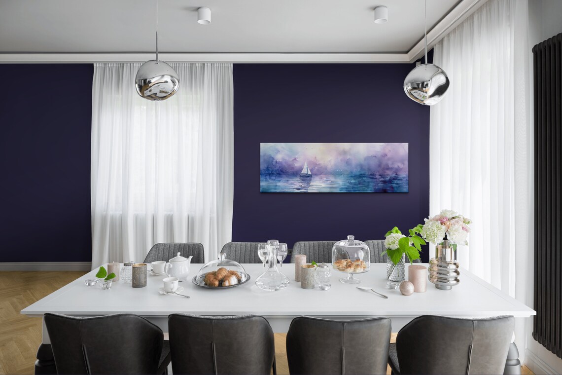 Watercolor Sailboat on Dreamy Purple Sea Coastal Nautical Poster - Image 6