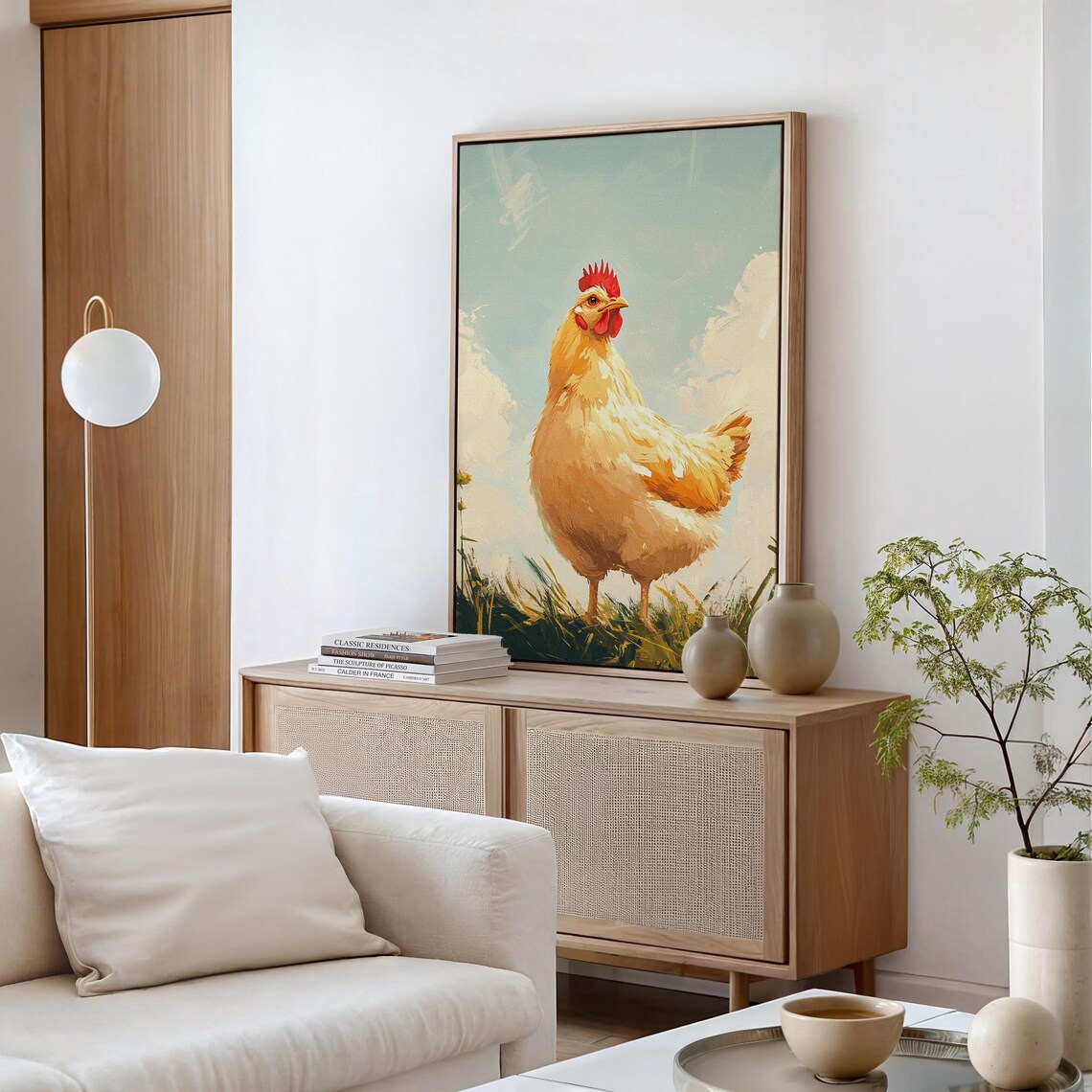 Plump Golden Hen Standing in Tall Grass Pastoral Oil Art Poster - Image 2