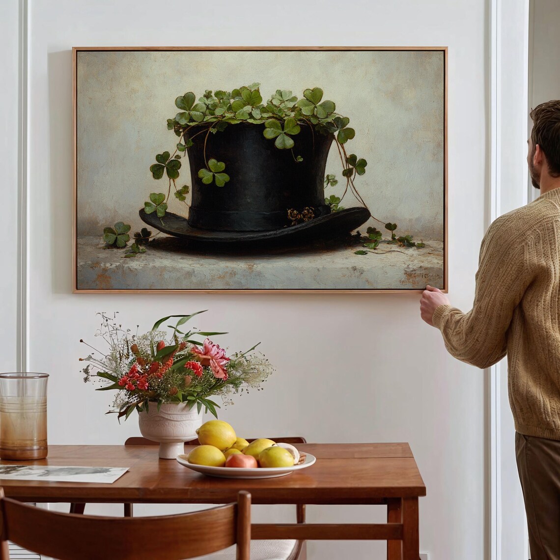 Clover Sprouting From Black Top Hat Vintage Still Life Wall Art - Image 5
