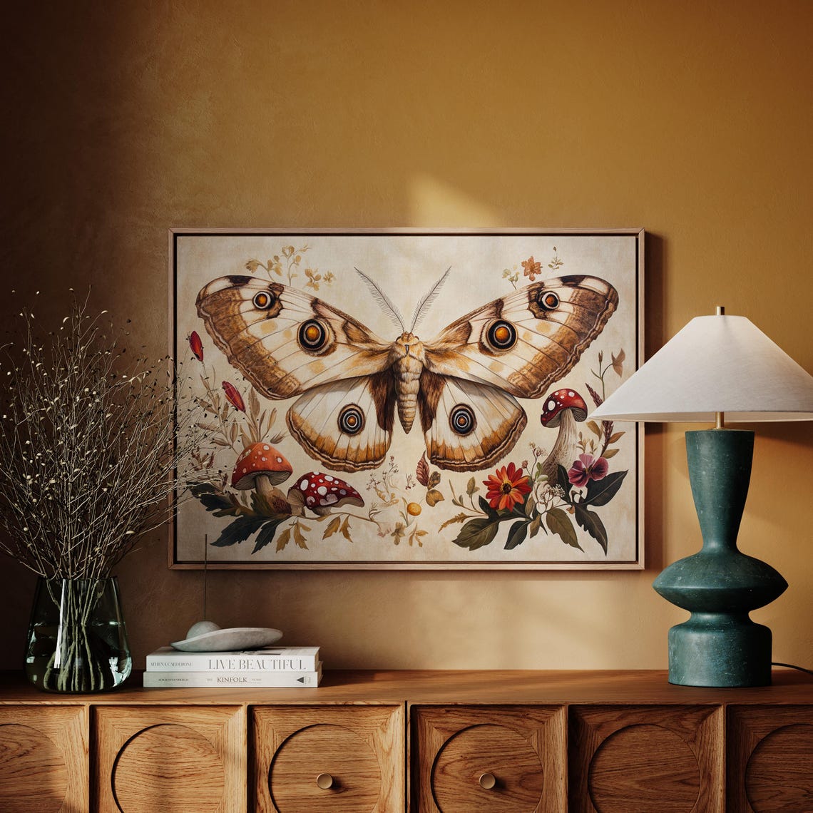 Rustic Moth Wall Art Nature Inspired With Vibrant Mushrooms Flowers And Detailed Moth Wings - Image 4