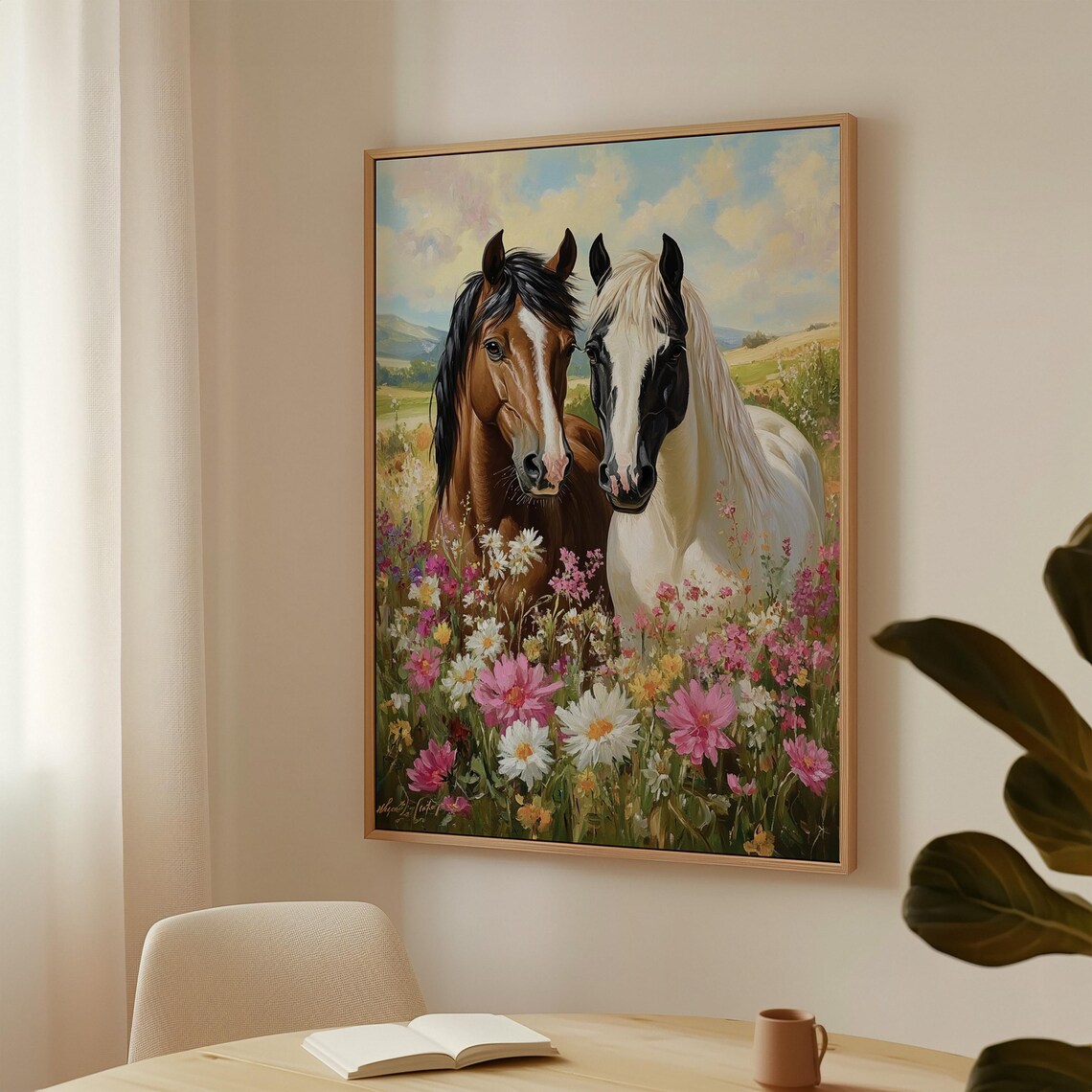 Two Horses Side by Side in Blooming Wildflower Meadow Close-Up Poster - Image 2