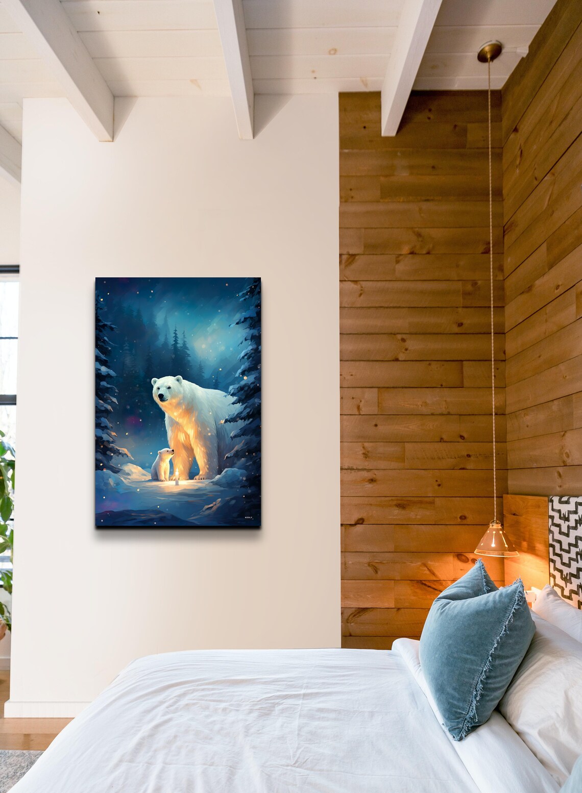 Polar Bear Mother Cub Snowy Night Forest Candlelight Art Poster - Image 4
