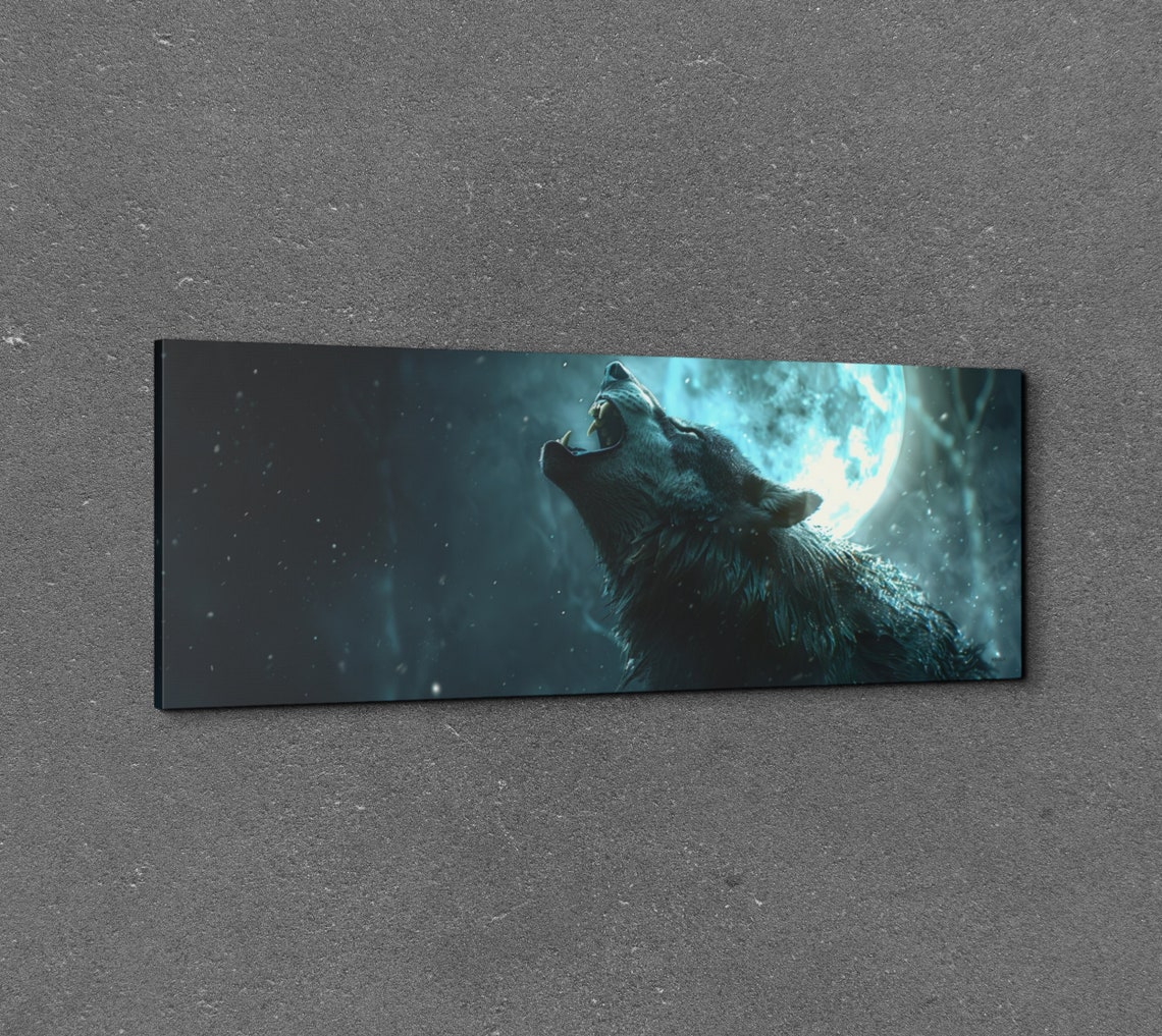 Wolf Howling at Full Moon in Teal Night Wilderness Panorama Wall Art - Image 7