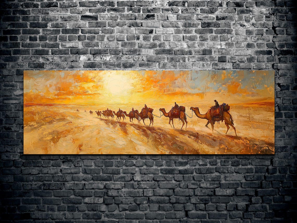 Desert Camel Caravan In Single File Warm Sunset Panoramic Art Poster - Image 2