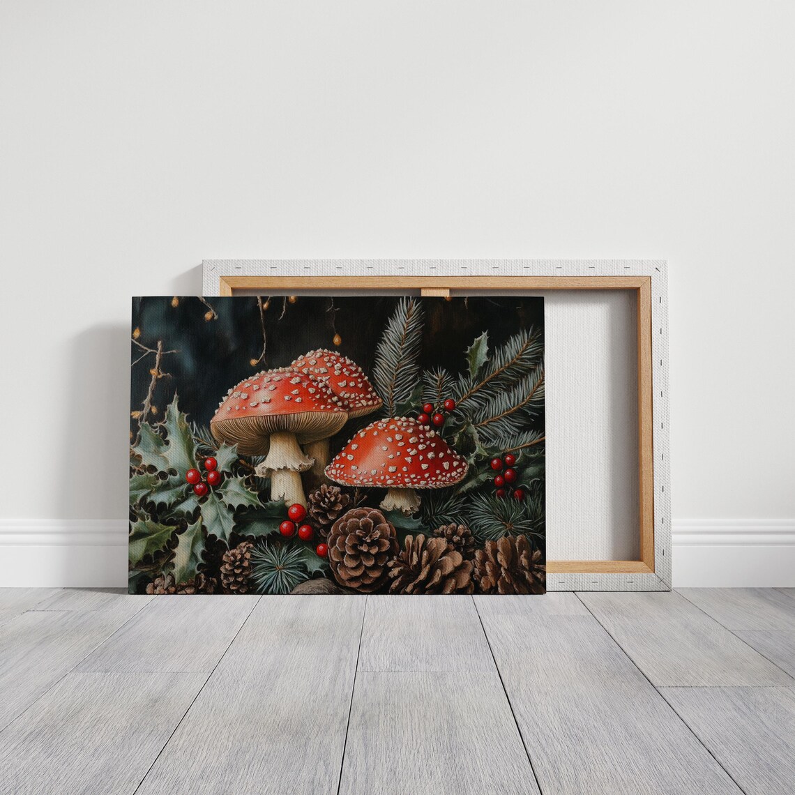 Red Amanita Mushrooms With Holly Pinecones Woodland Holiday Poster - Image 3