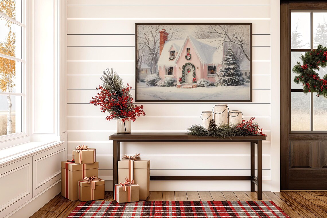 Pink Christmas Cottage With Wreath And Snow Holiday Canvas Art Print