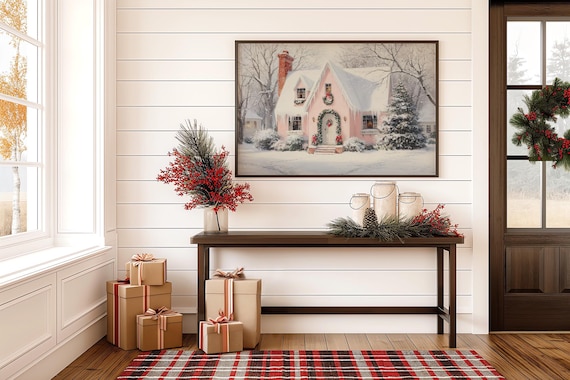 Pink Christmas Cottage With Wreath And Snow Holiday Canvas Art Print