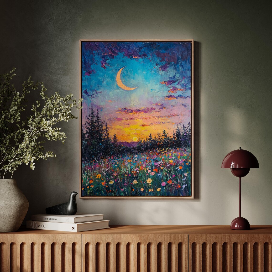 Crescent Moon Over Vibrant Wildflower Meadow Sunset Art Poster - Image 7
