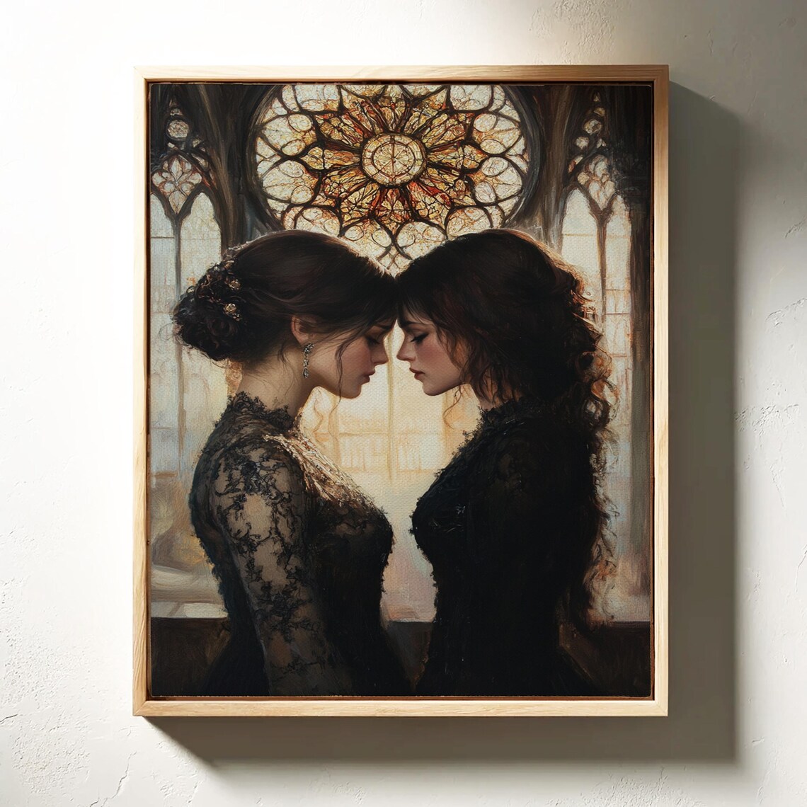 Two Women In Black Lace Before Stained Glass Rose Window Gothic Poster - Image 2