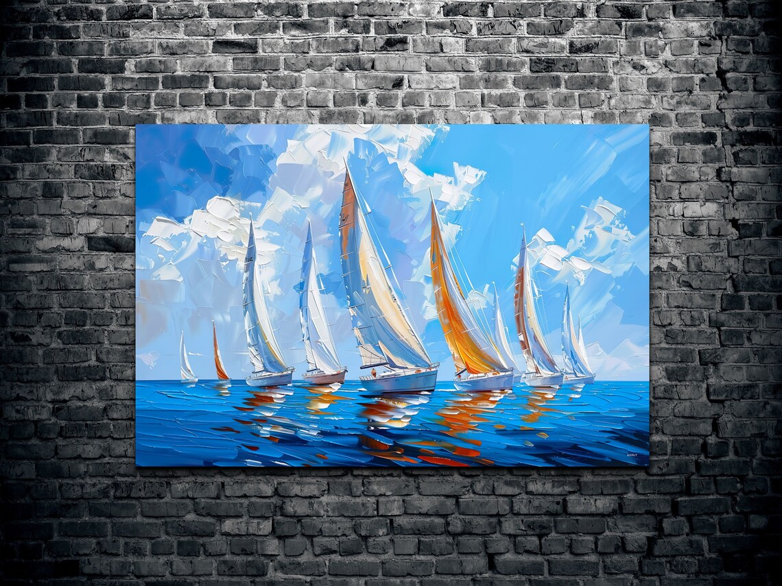 Sailboat Regatta Bright Blue Sea Impasto Sailing Race Poster - Image 2