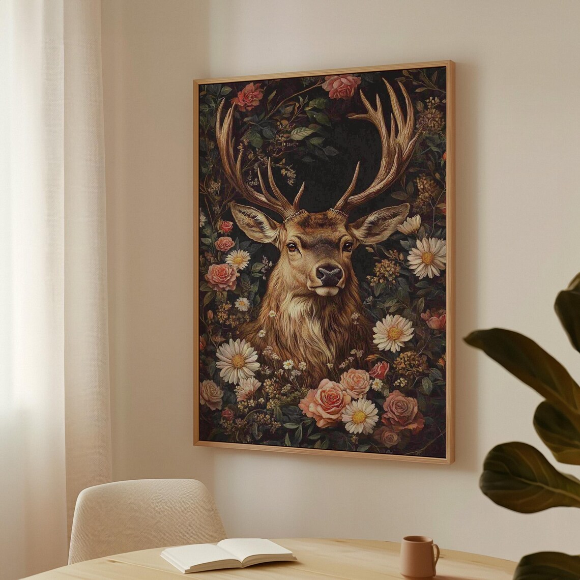Majestic Stag With Antlers Among Roses Dark Floral Wildlife Poster - Image 3