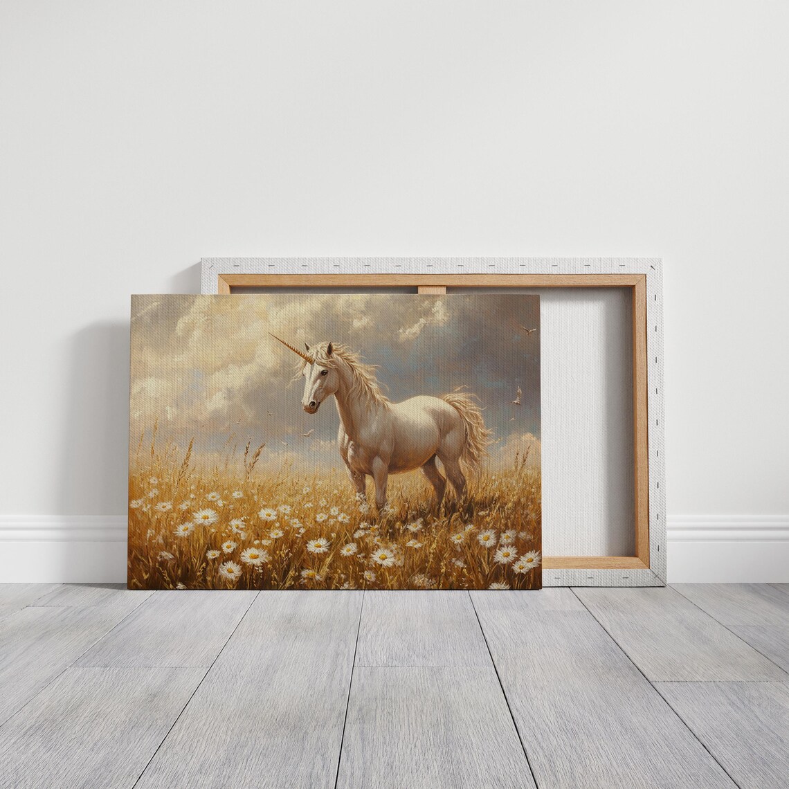 Majestic White Unicorn in Golden Flower Meadow Oil Painting Art Poster - Image 3