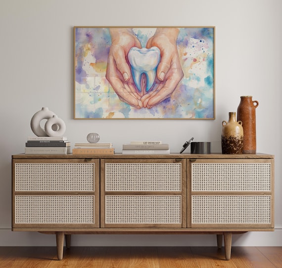 Gentle Hands Holding Tooth Watercolor Dental Office Wall Poster