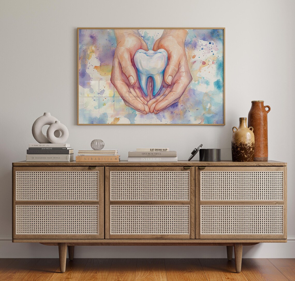 Gentle Hands Holding Tooth Watercolor Dental Office Wall Poster