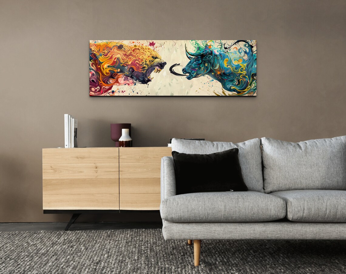 Bull Vs Bear Stock Market Duel Fiery Abstract Animal Heads Panoramic Poster - Image 3