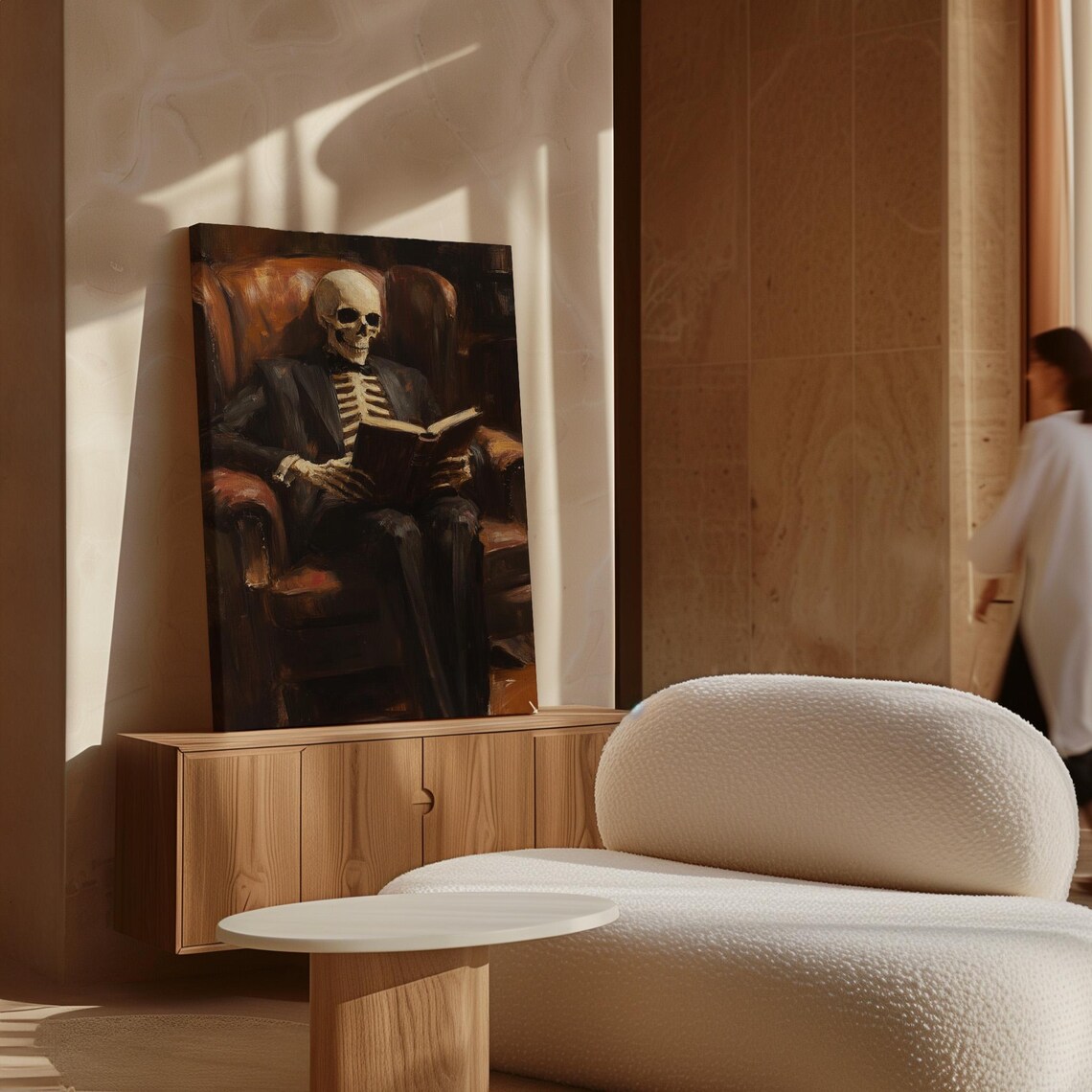 Skeleton Gentleman Reading a Book in a Leather Armchair Art Poster