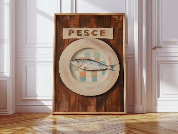 Rustic Italian Pesce Wall Art Fish On Plate Canvas Print Vintage Kitchen Decor For Coastal Dining Or Seafood Lovers