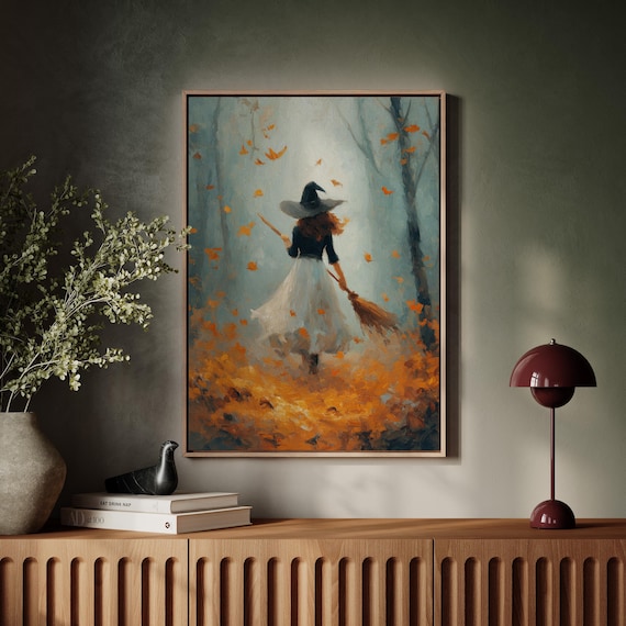 Autumn Witch With Broom Walking Through Falling Leaves Poster