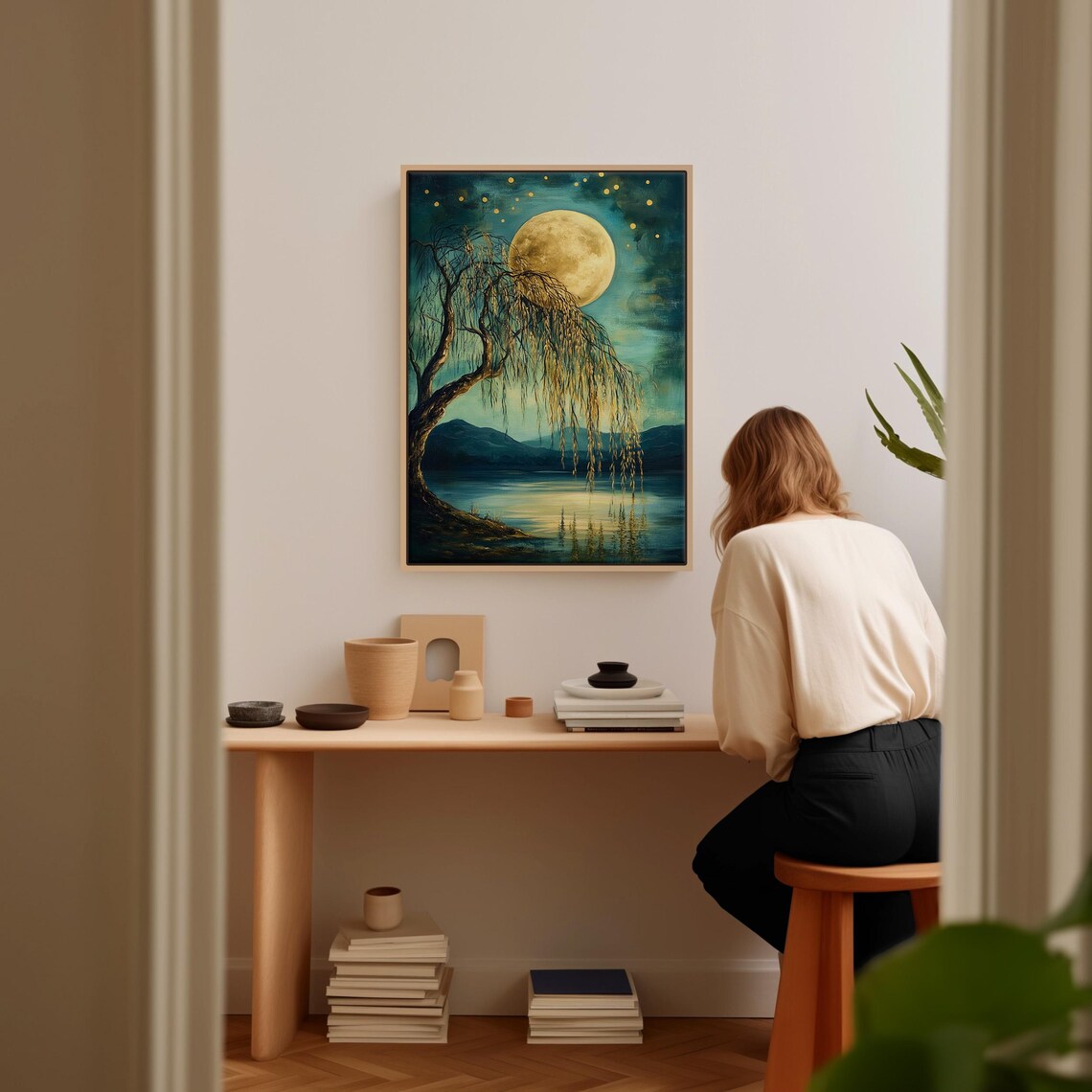 Moonlit Willow Tree, Serene Nature Wall Art - Image 4