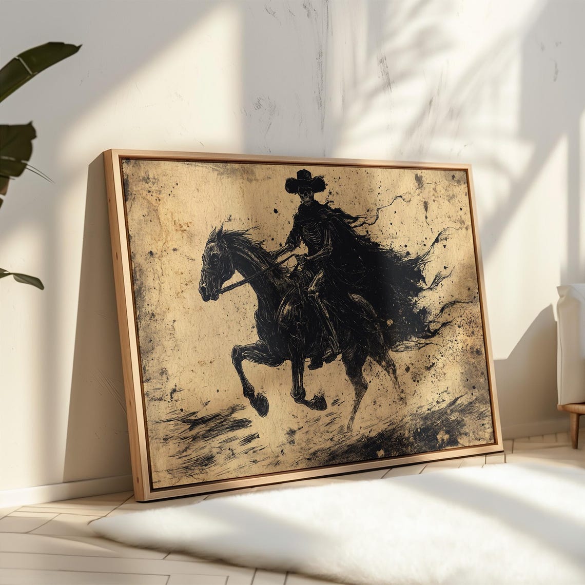 Skeleton Cowboy Riding Horse On Aged Parchment Dark Western Ink Poster - Image 4