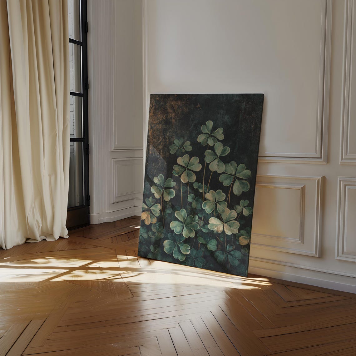 Moody Painterly Clover Blossoms Dark Botanical Canvas Wall Art - Image 4