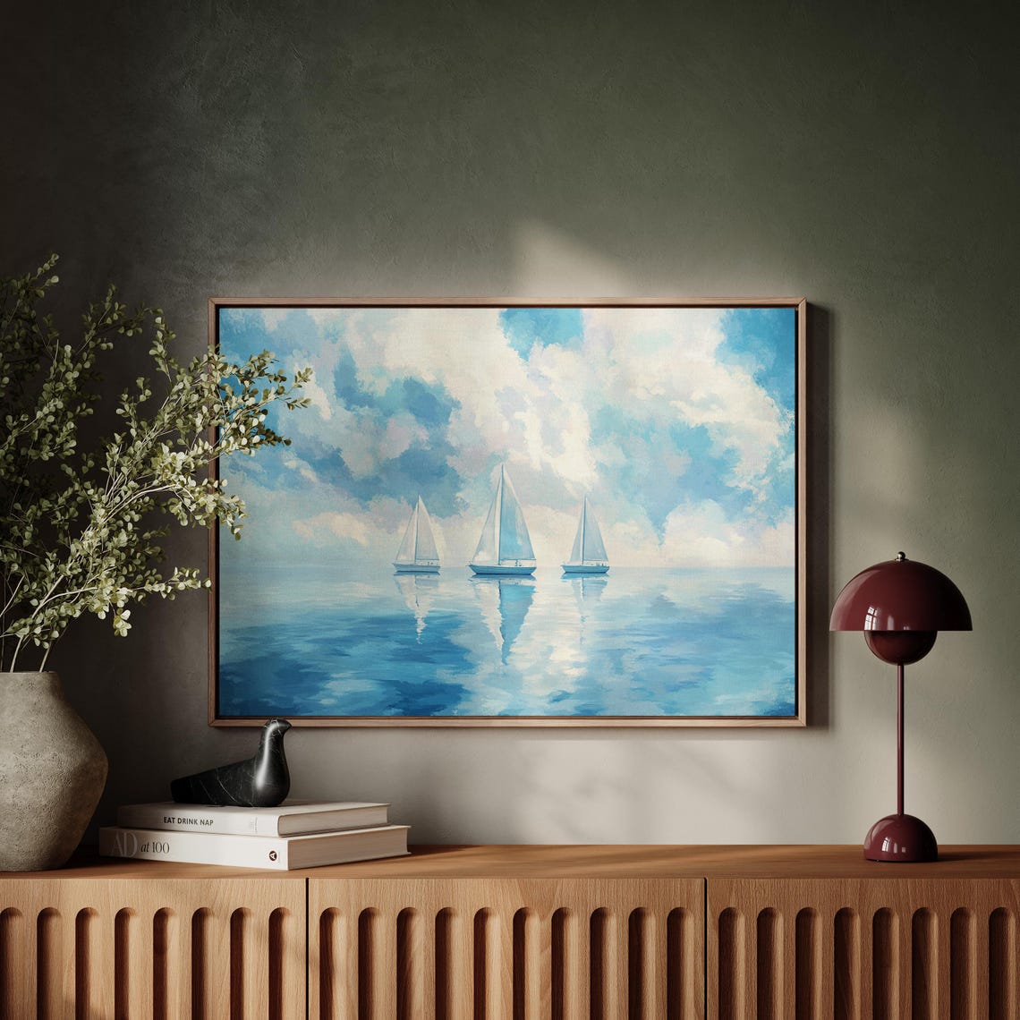 Three Sailboats On Glassy Water Under Cloudy Blue Sky Wall Poster - Image 4