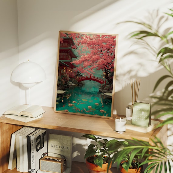 Cherry Blossom Temple Bridge Japanese Pond Garden Painting Poster