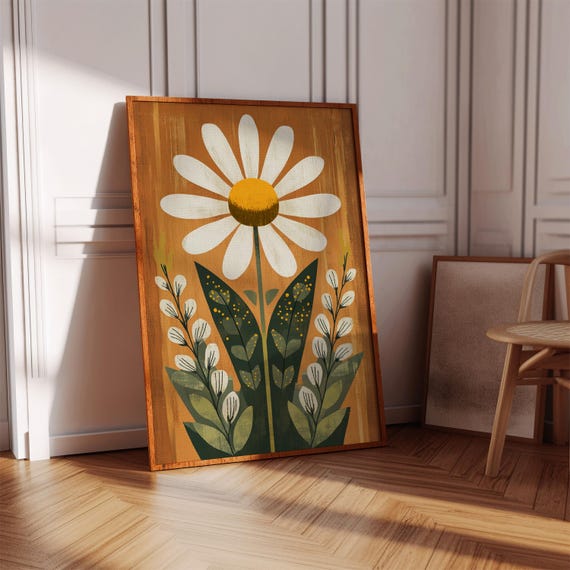 Retro Daisy Wall Art Print Mid Century Modern Flower Canvas With Burnt Orange Background Bold Floral Poster For Vintage Home Decor