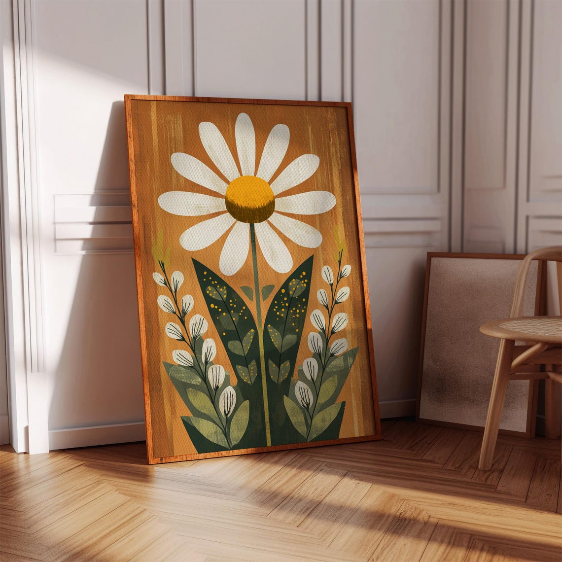 Retro White Daisy On Burnt Orange Mid Century Modern Flower Poster