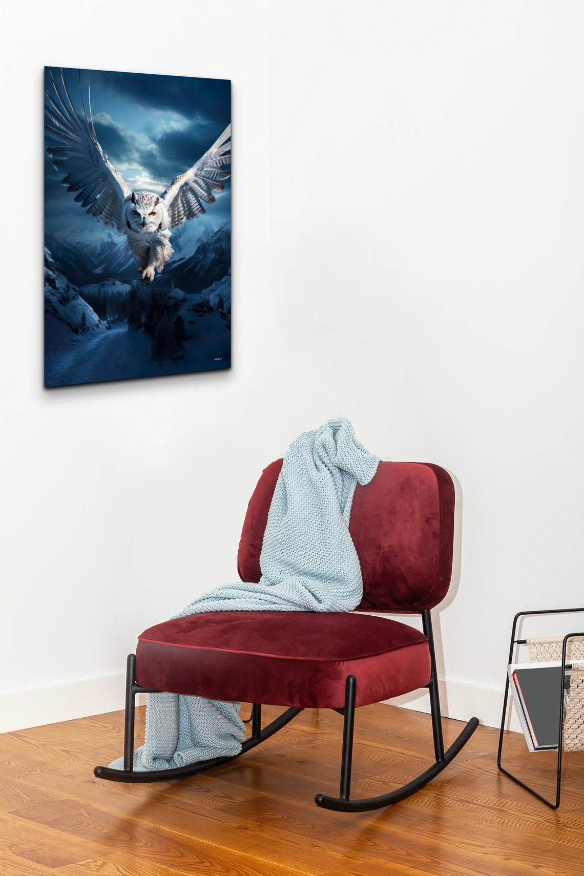 Snowy Owl Soaring Over Moonlit Mountains in the Night Sky Poster - Image 3