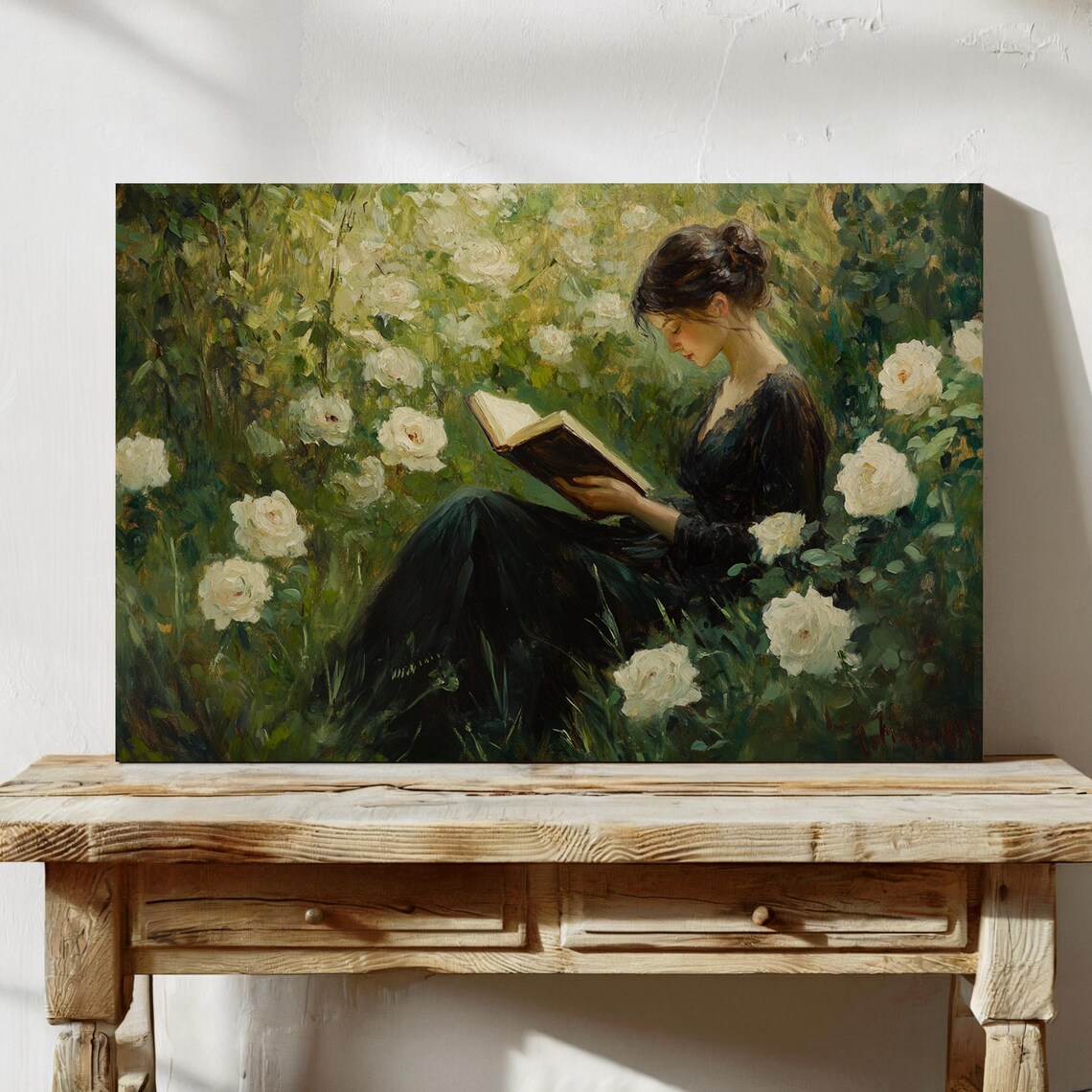 Elegant Woman Reading Among White Roses Vintage Art Print - Image 7