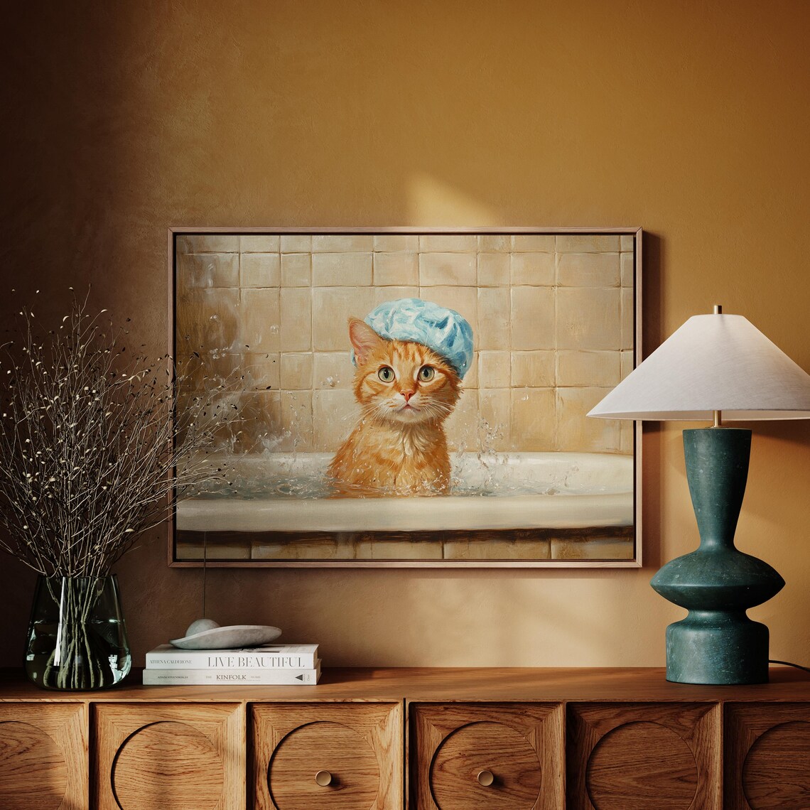 Cute Orange Kitten In Bathtub Shower Cap Vintage Funny Cat Poster - Image 2