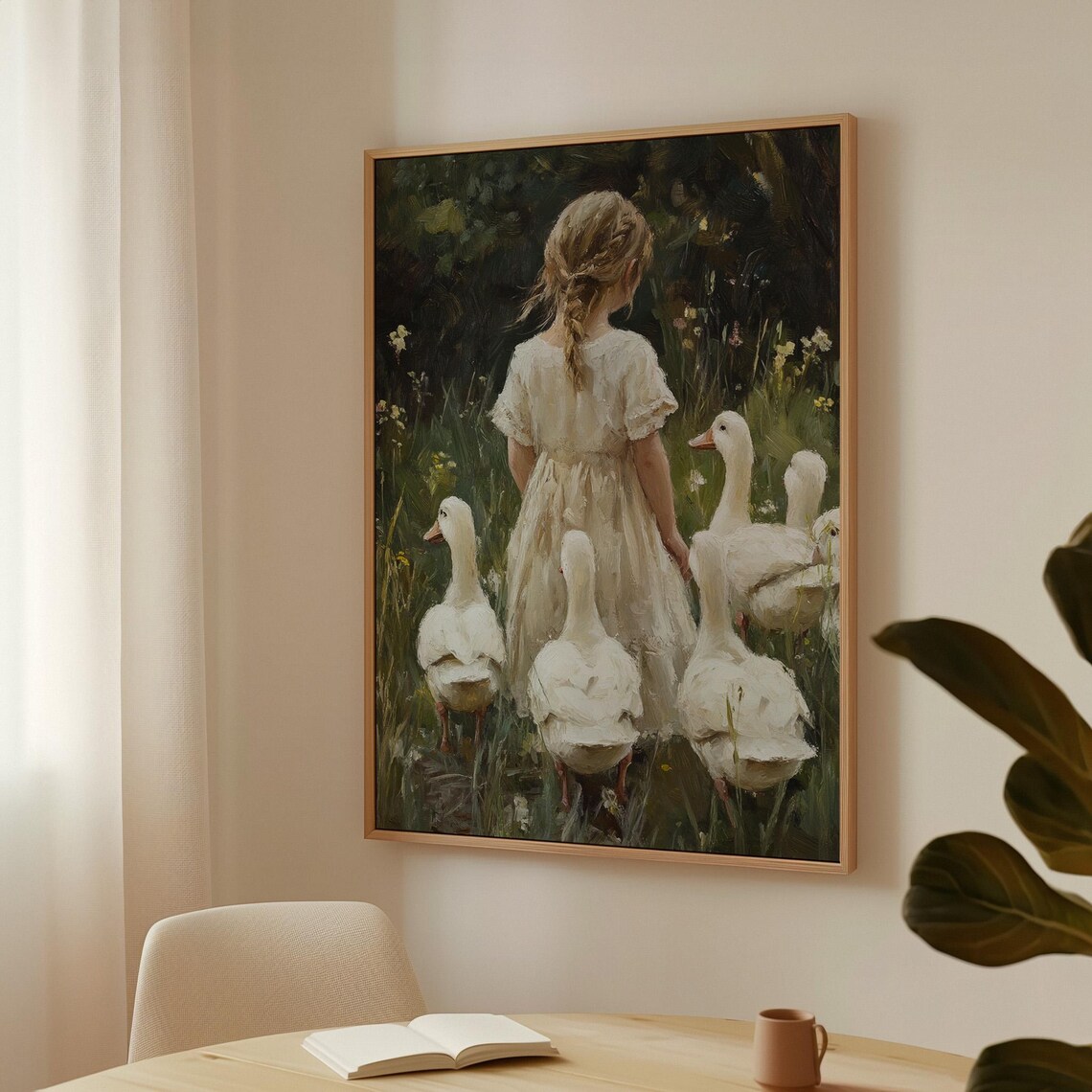 Little Girl in White Dress Walking With Five Geese in Meadow Poster - Image 4
