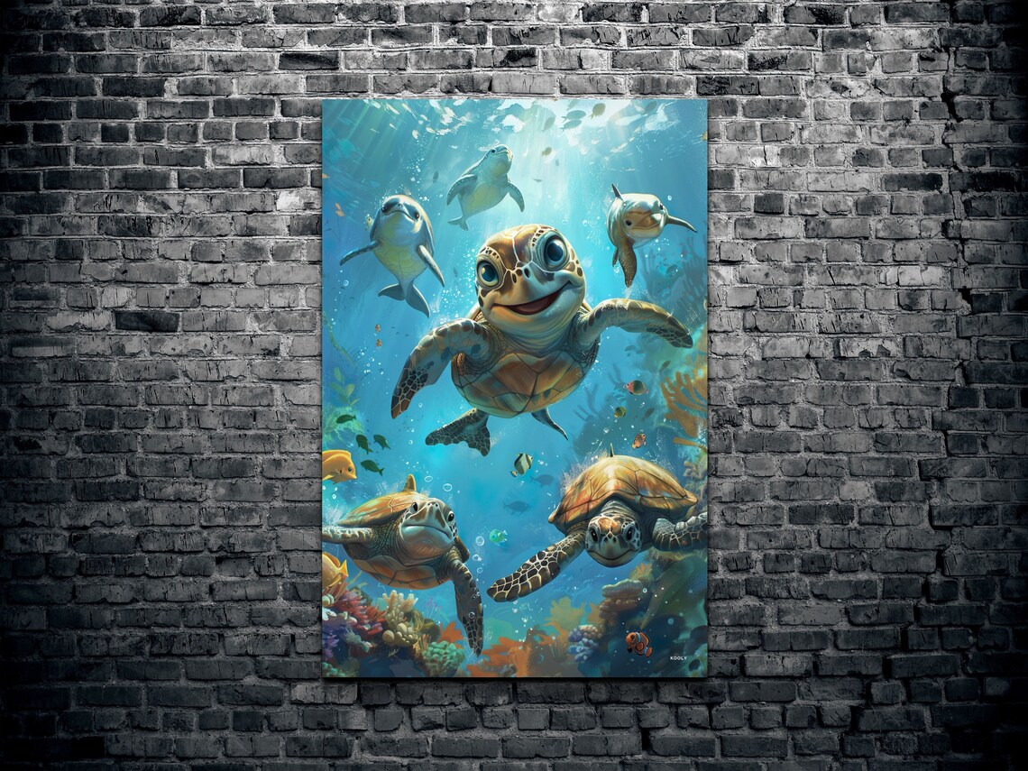Animated Style Turtles Dolphins Sea Decor Portrait - Image 2