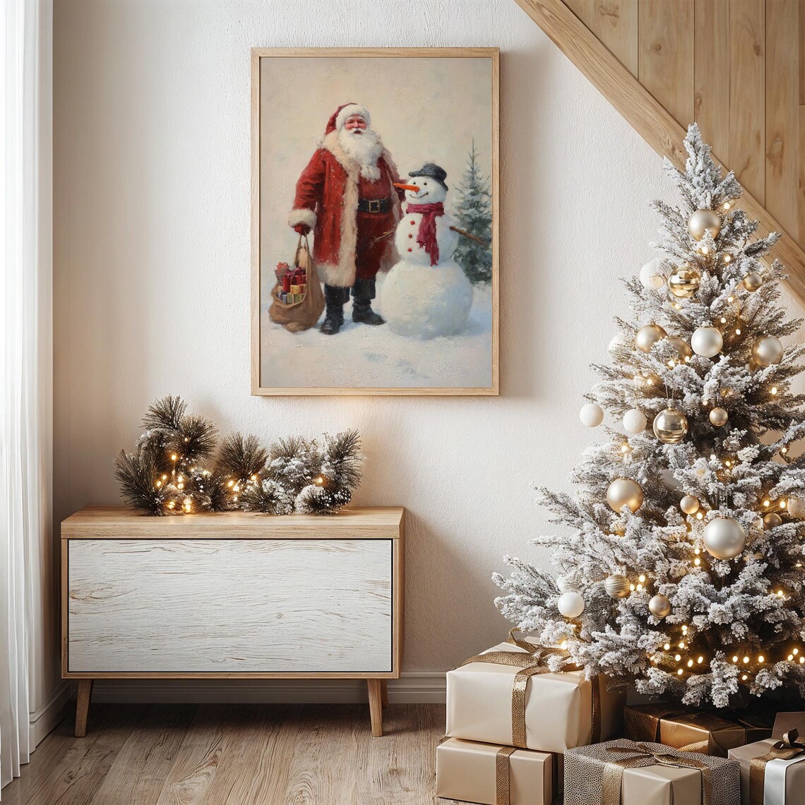 Santa Claus With Snowman And Bag Of Gifts Vintage Christmas Poster