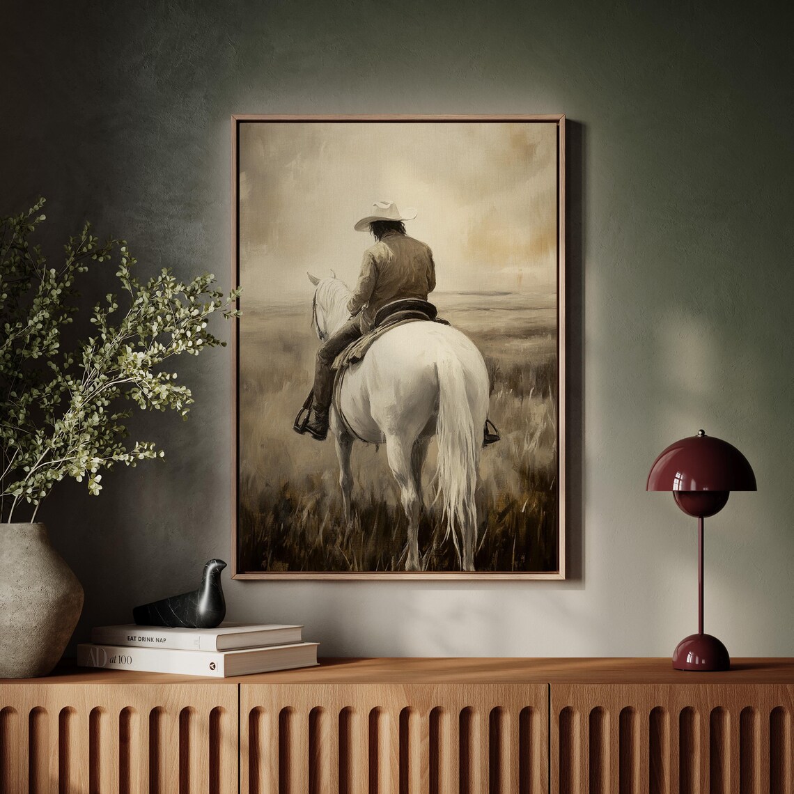 Cowboy Riding White Horse Sepia Tone Western Landscape Poster - Image 5