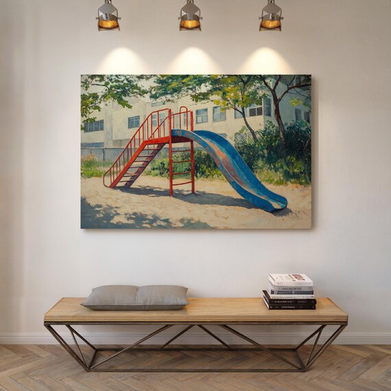 Red Blue Playground Slide Painting Nostalgic Childhood Schoolyard Art Poster