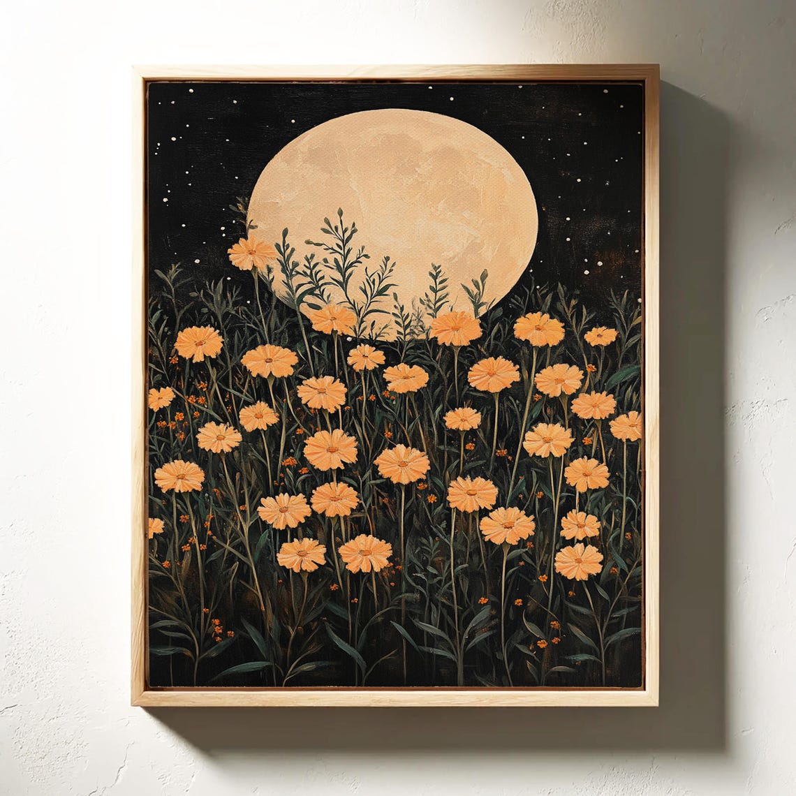 Golden Marigold Field Under Full Moon Night Sky Floral Art Poster - Image 3