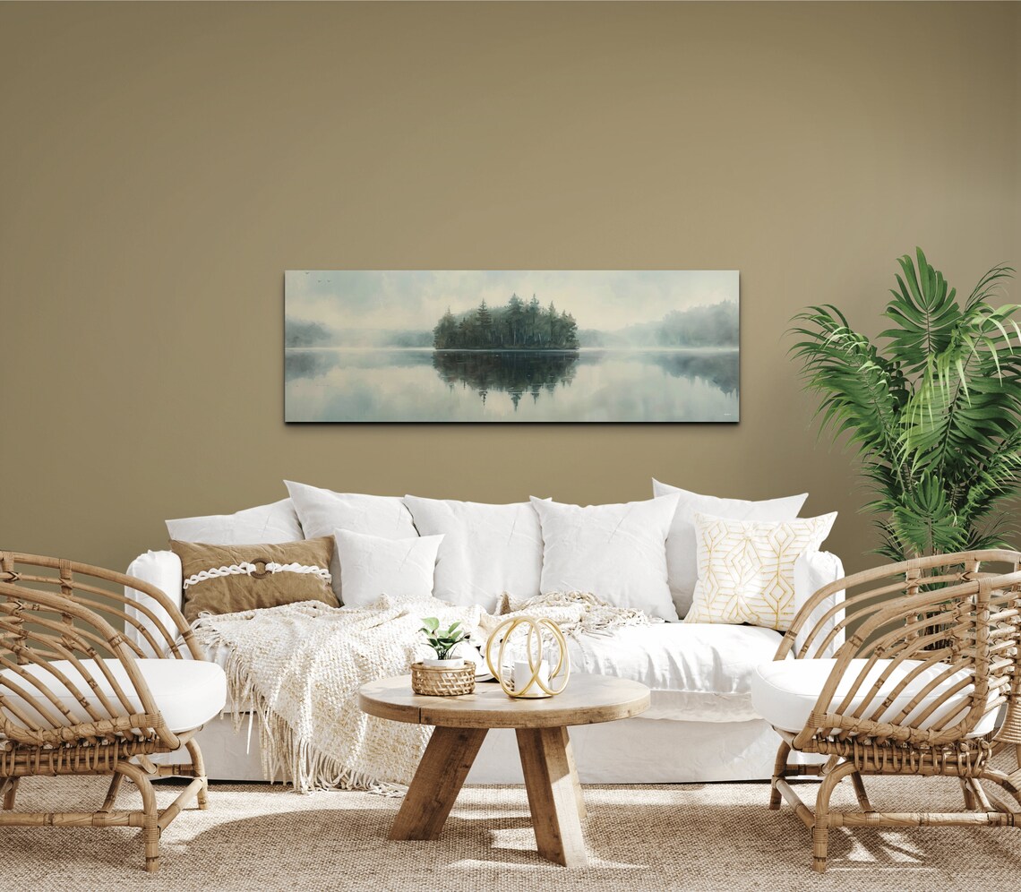 Dark Moody Foggy Lake With Forest Island Panoramic Art Poster - Image 6