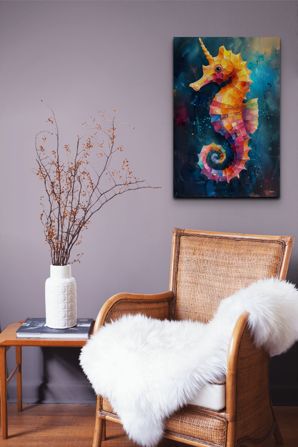 Colorful Mosaic Seahorse Orange Pink Dark Teal Ocean Art Poster - Image 7