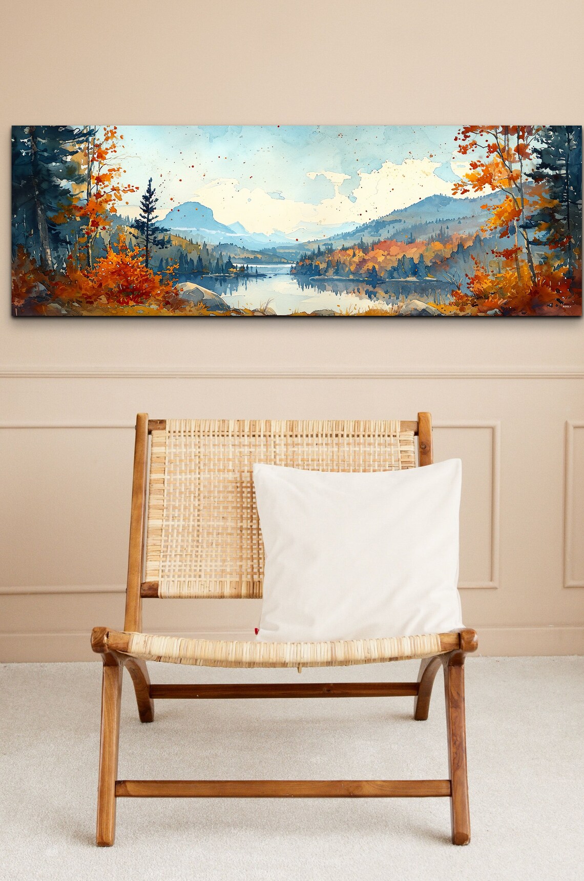 Autumn Valley Lake Watercolor Fall Foliage Panoramic Wall Art - Image 5