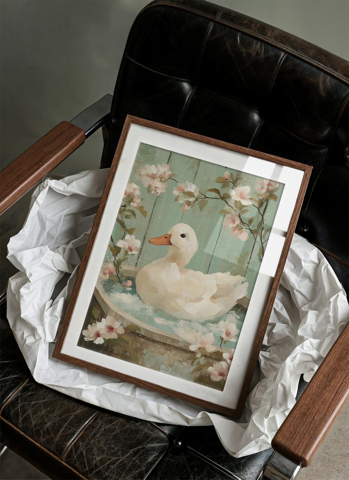 Charming Duck In Blossom Bath Art Print