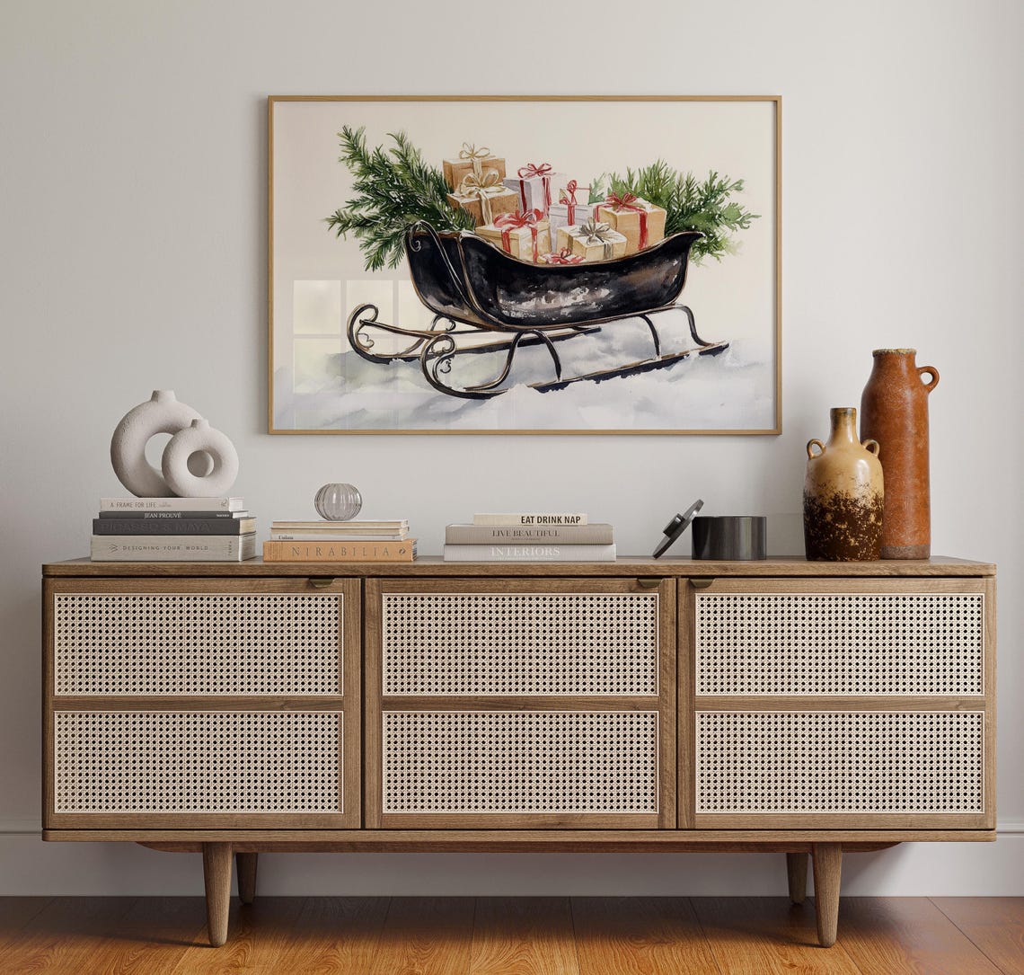 Rustic Christmas Sleigh Gift Filled Watercolor Holiday Decor Poster