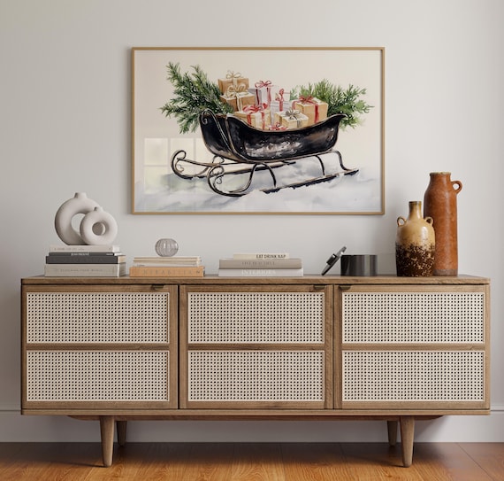 Rustic Christmas Sleigh Gift Filled Watercolor Holiday Decor Poster