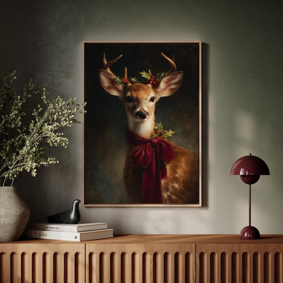 Christmas Deer Poster With Red Bow And Holly Rustic Holiday Animal