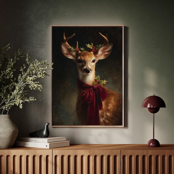 Christmas Deer Poster With Red Bow And Holly Rustic Holiday Animal
