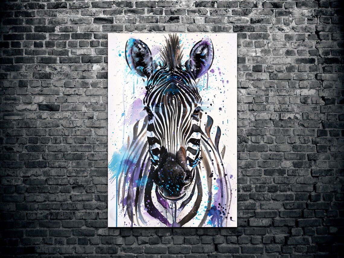Zebra Front Portrait Watercolor Blue And Purple Paint Splash Art Poster - Image 2